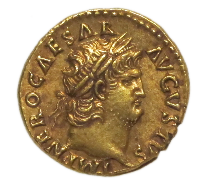 A gold coin with a profile of a man with a wide neck and a prominent chin. He has a garland around his head.