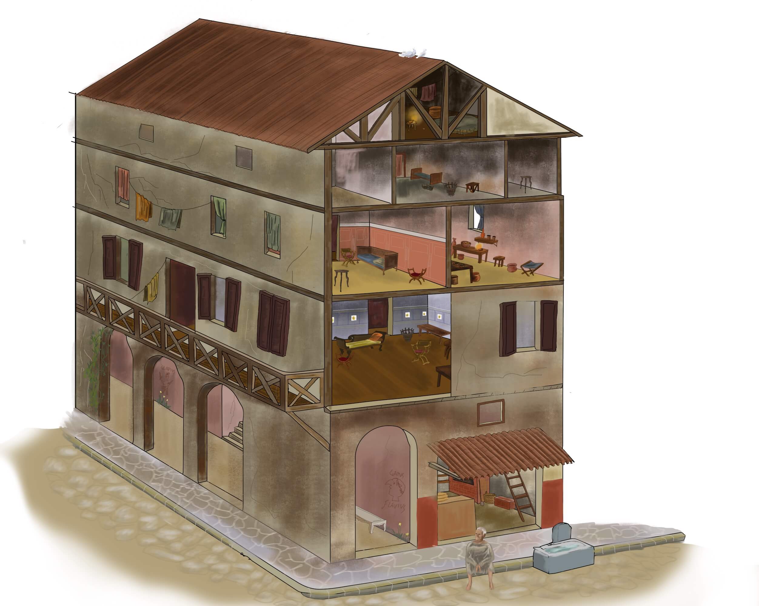 Cut-away image of an insula, showing a number of the rooms.