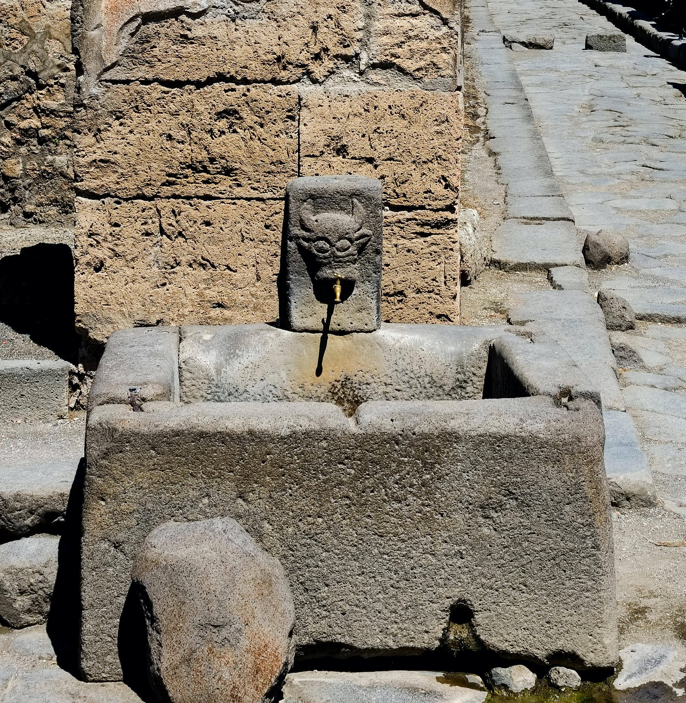 A stone water fountain on a street corner. The tap of the fountain is coming from the mouth of a carved bull head.