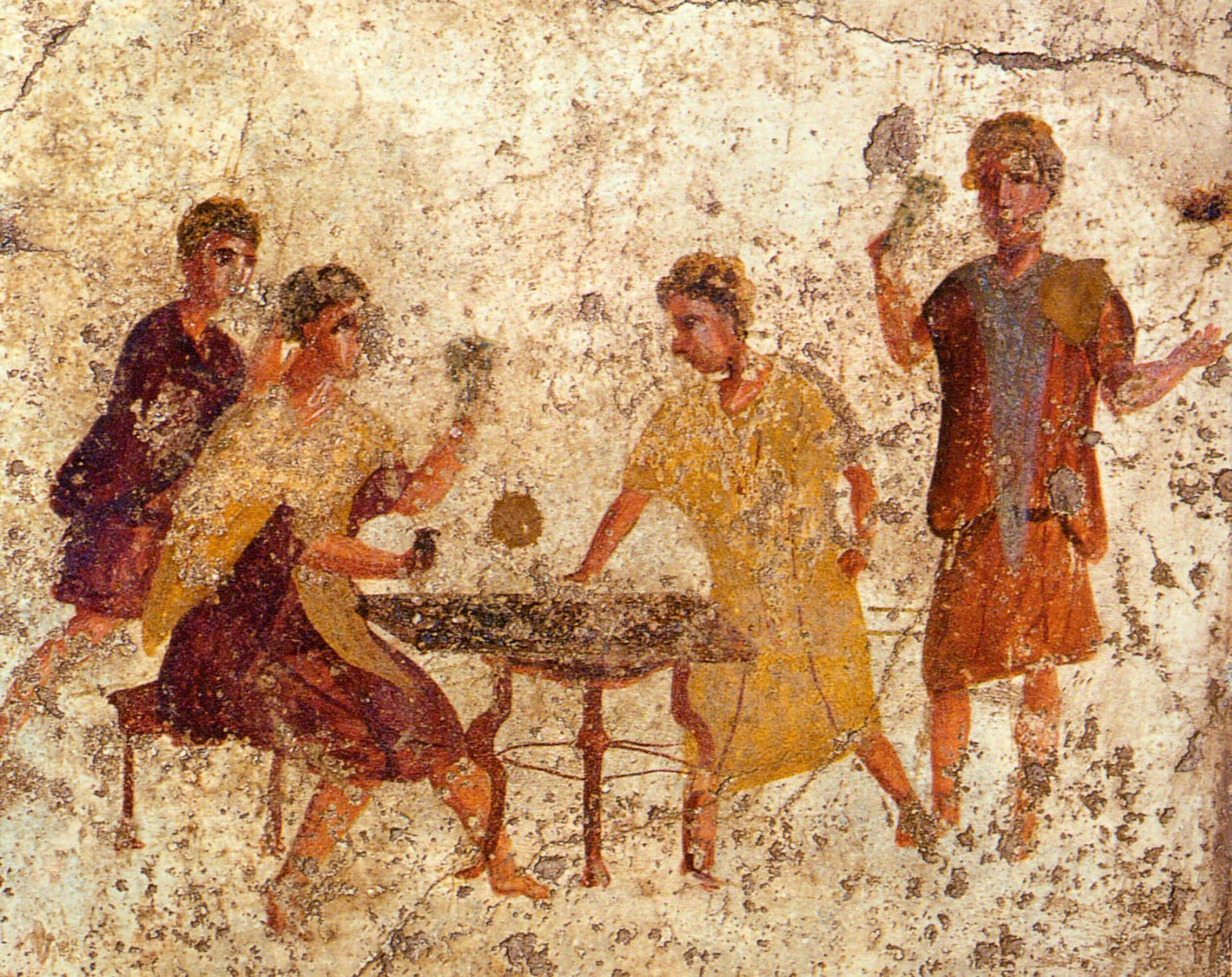 A wall painting showing two men gambling with dice at a table. Two more men stand on either side watching.