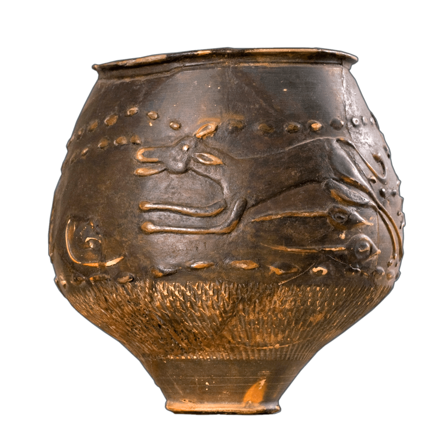 A dark ceramic cup with a narrow bottom. On the side is a dog running.