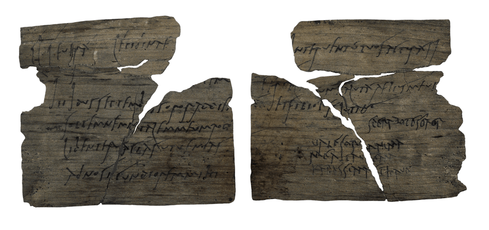 Two pieces of very thin wood with ink writing on them.