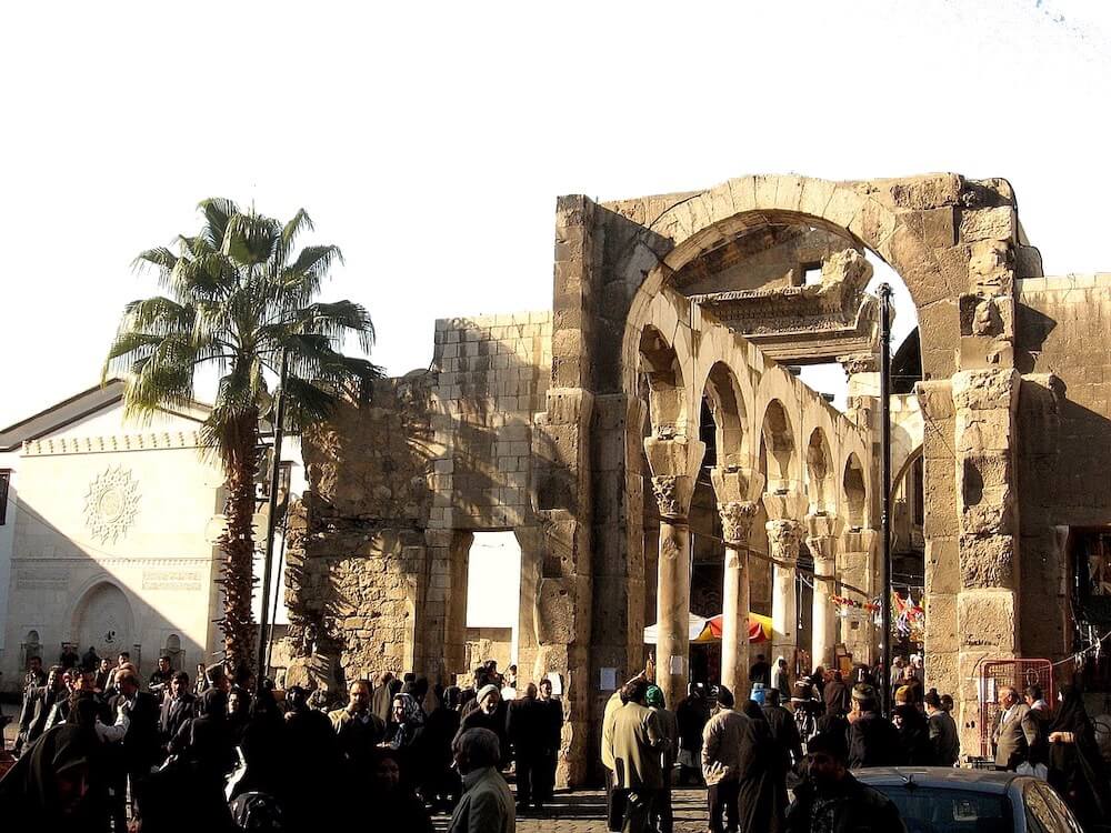 The roofless stone pillars and arches that make up the remains of the temple of Hadad-Jupiter in Damascus.