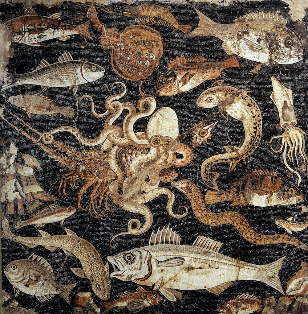 A mosaic with a dark background depicting various species of fish and sea creatures.
