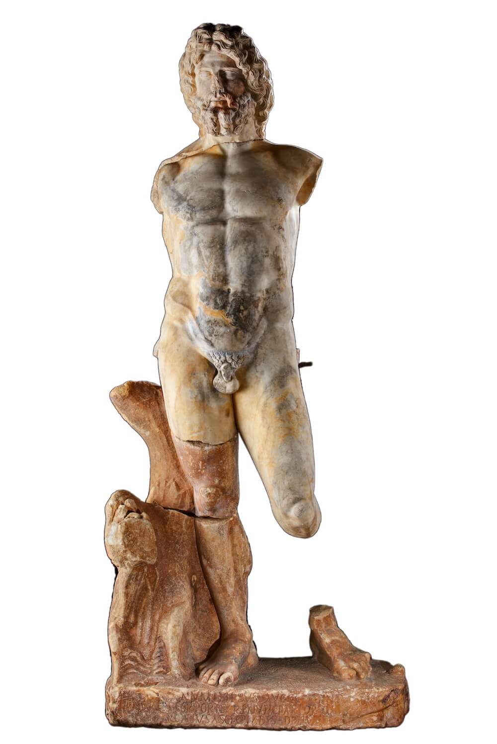 A marble statue of a muscular and bearded Neptune, missing both arms and part of one leg.