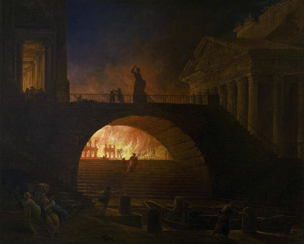 A painting of Rome burning. It is very dark but a big arch is visible on which a man stands looking down.