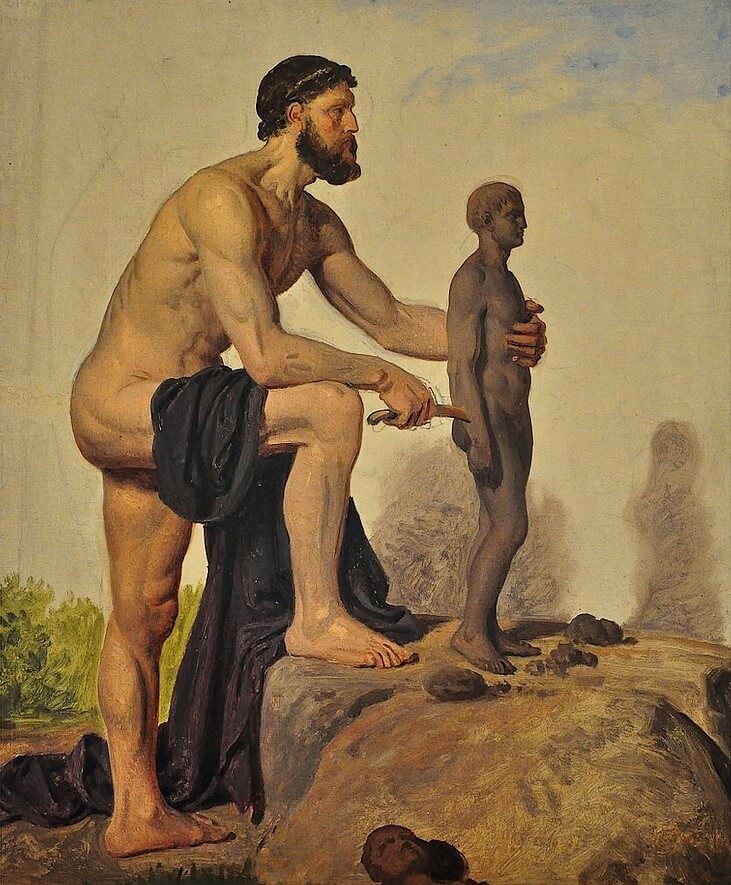 A painting of a man facing right carving a clay figure in the shape of a man. The figure is still grey like wet clay.