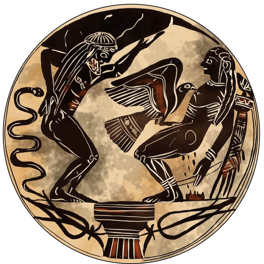 A drawing of a circular bowl. The imagery is all black on terracotta. On the right is a man, tied to a stake. A bird sits on his chest and eats. On the left a man is holding a large rock above his head. Behind him is a snake.