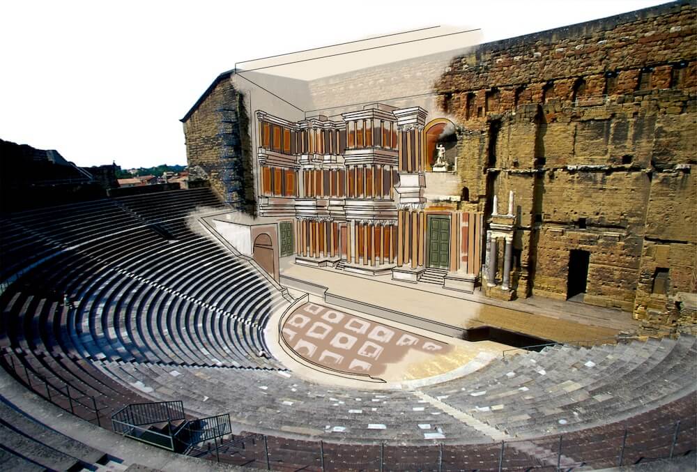 Roman theatre with reconstructed illustration overlaid on top.