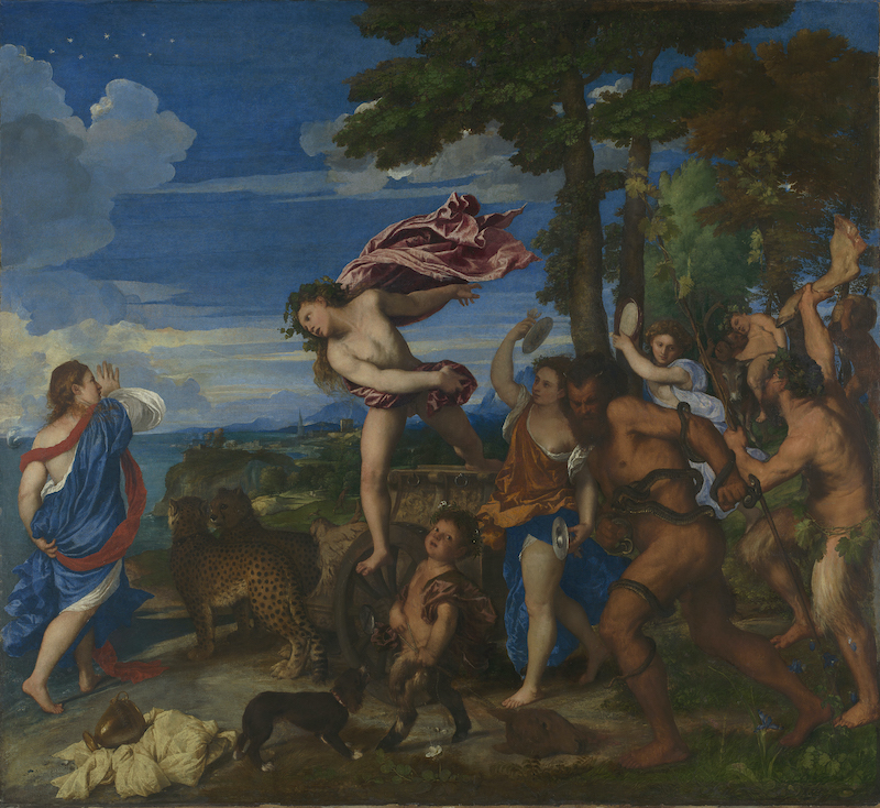 A painting showing a group of people entering from the right of the frame. They are dancing and running with their clothes dishevelled. Some carry musical instruments, one man carries the limb of an animal. Two leopards pulling a chariot precede the group and on the chariot stands a man with a pink cloak and a garland of vine leaves in his hair. He is looking at a woman who stands on the left who wears a blue and red dress. Behind them is a forested coastline and a blue sky sky in which there is a ring of stars.