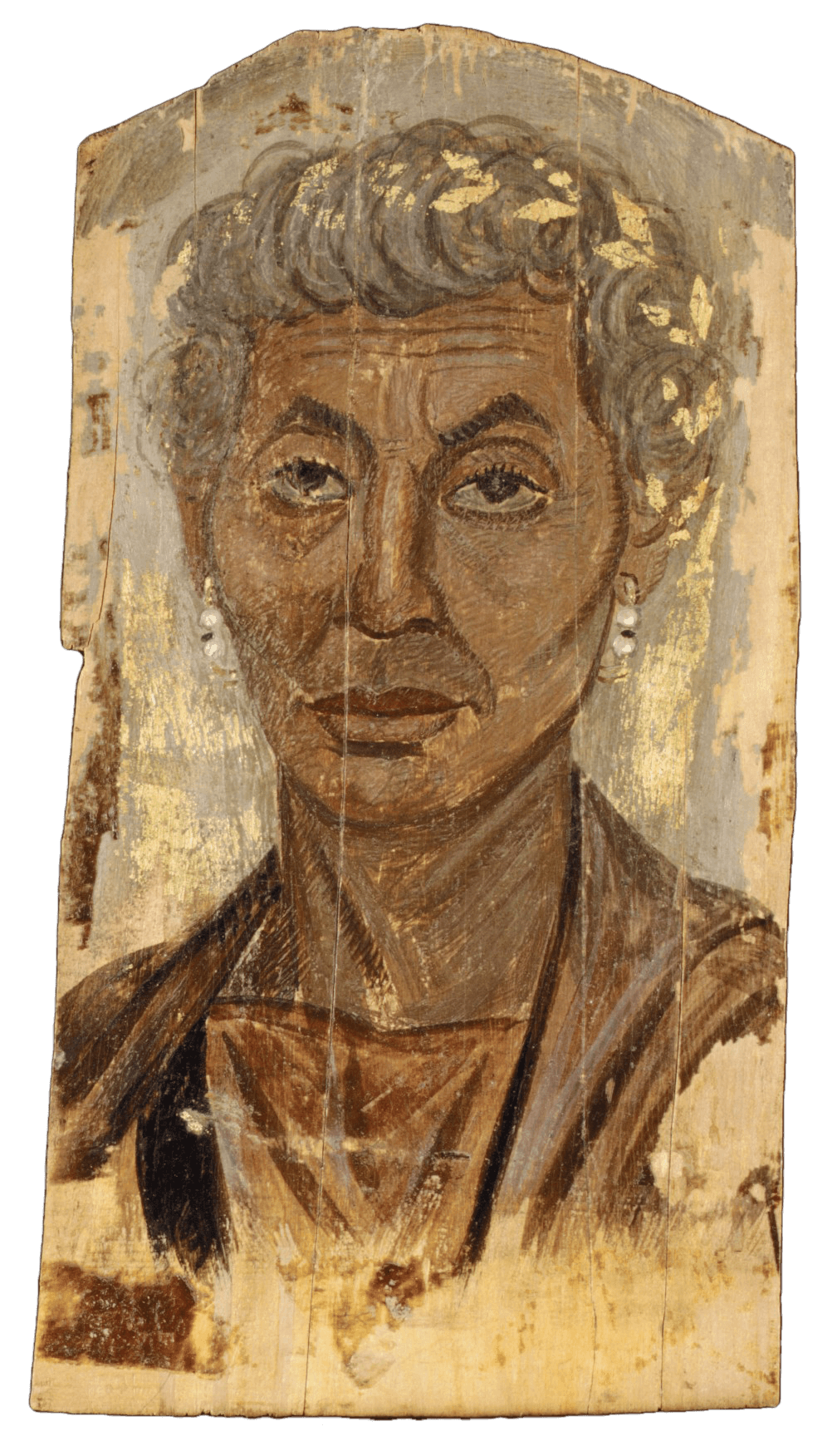 A thin piece of wood with the painted head and shoulders of an old woman. She has severe face and wrinkled brow and traces of a gold wreath of leaves in her hair.