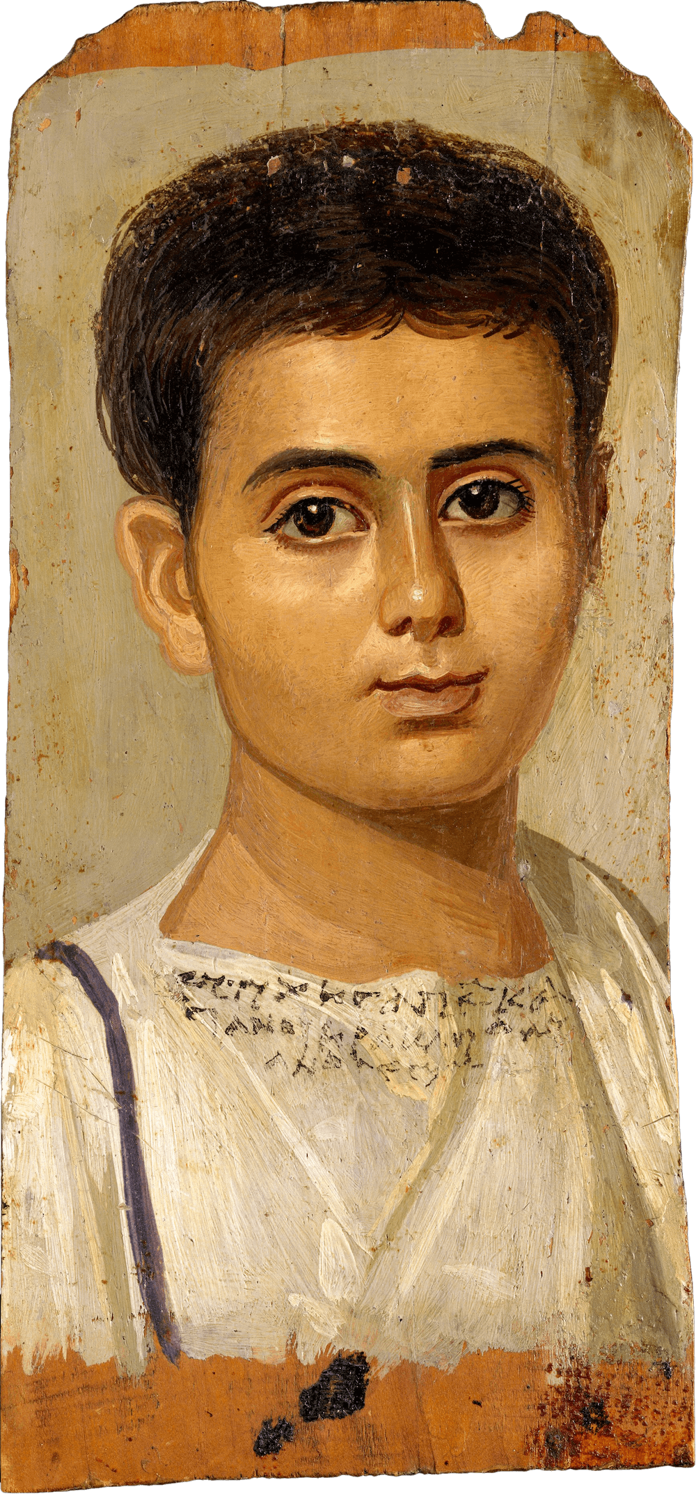 A thin piece of wood with the painted head and shoulders of a young boy. He has big, dark eyes and is smiling slightly. He is wearing a white tunic which has some writing at the top.