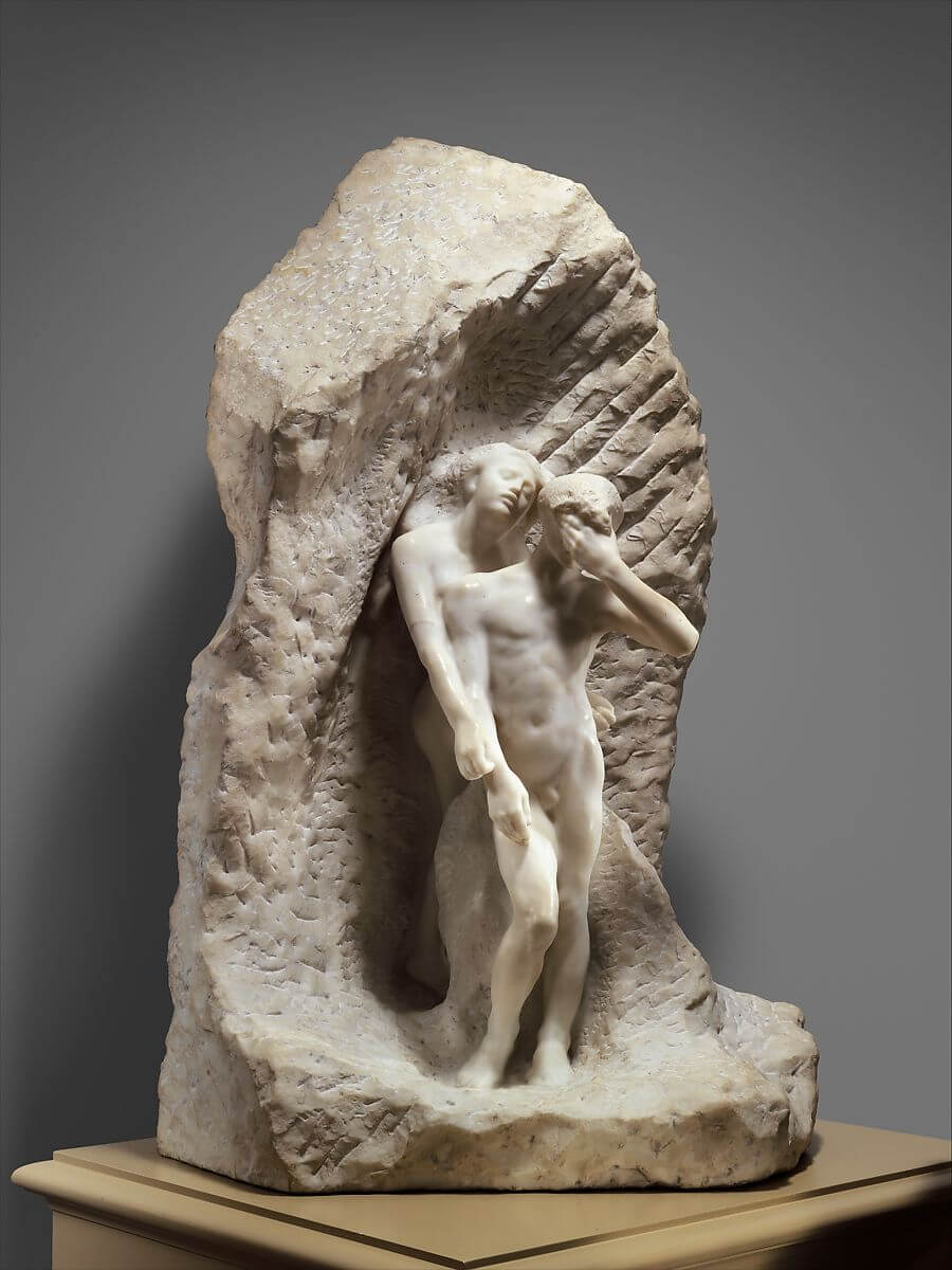 A carved piece of rock from which two figures have emerged. A naked man walks first with his left hand covering his eyes. Behind him floats a woman who seems to be just appearing from the stone.