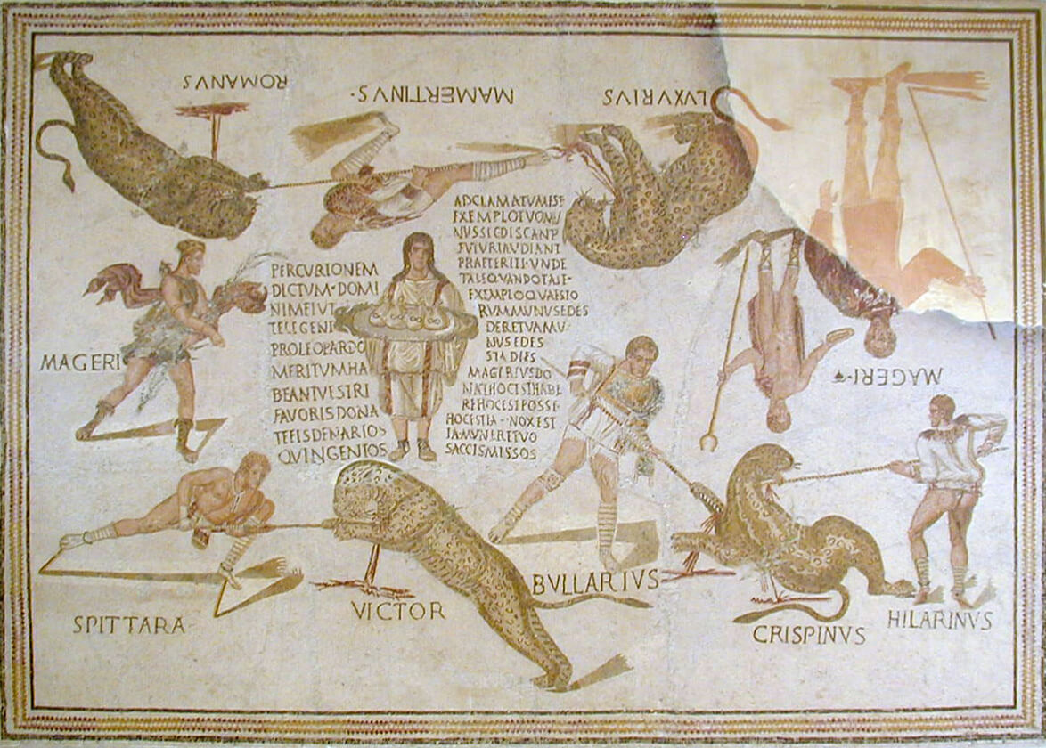A mosaic with gladiators fighting different big cats. In the centre a man holds a platter and is surrounded by text. Each hunter and animal has a name next to them.