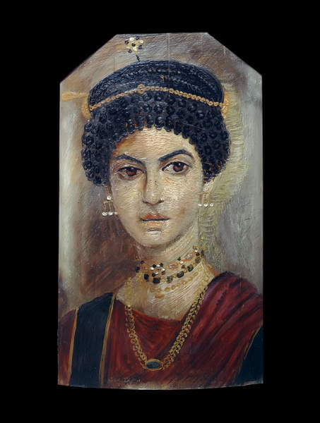 A painting of a woman. She has dark hair arranged on her head in curls and she wears pearl earrings and a choker necklace.