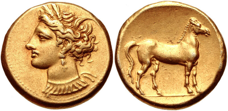 Two sides of a gold coin. One side shows the profile of a woman with her hair arranged in an elaborate style wearing a necklace. The other side shows a horse standing side on.