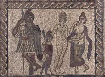 A mosaic showing a man in full armour, a young boy, an almost nude woman with jewellery and a woman with a sarong and a robe. The figures are quite stylized and the colours are quite dark and dull. A twisted pattern goes around the edge of the mosaic frame.