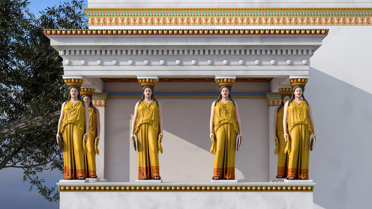 A reconstruction of a Greek building. Instead of pillars the roof is supported by marble statues of women that are brightly painted.
