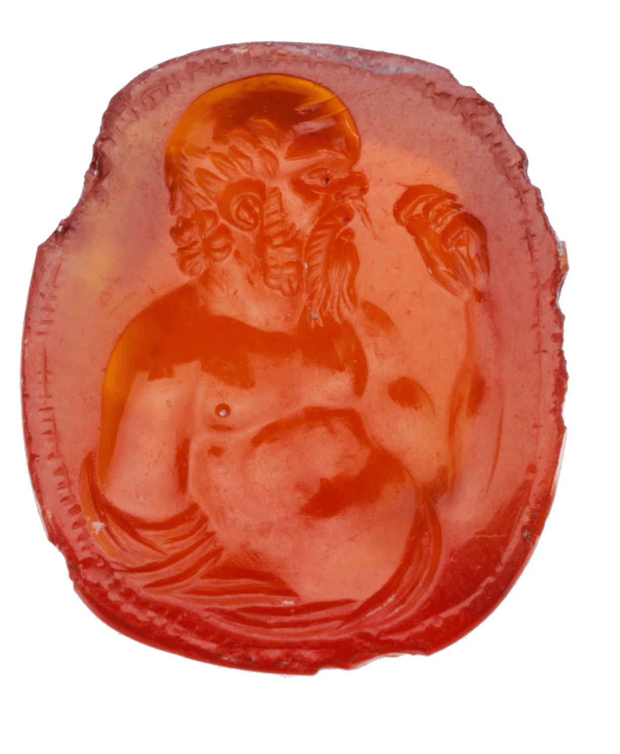 An oval, red stone with a detailed carving of a man from side on. He is balding and has a beard.