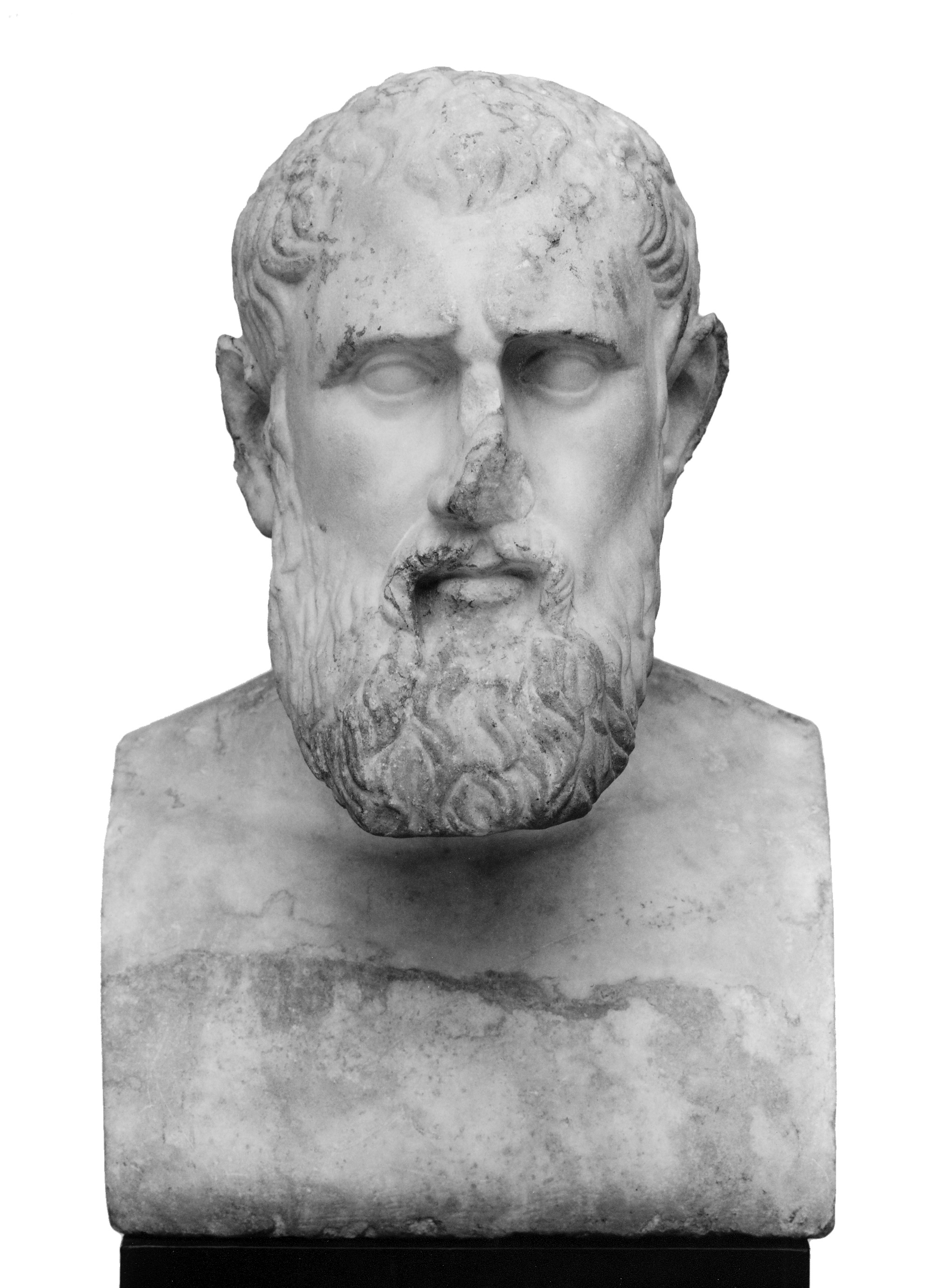 A marble portrait of a man with a crinkled brow and a beard.