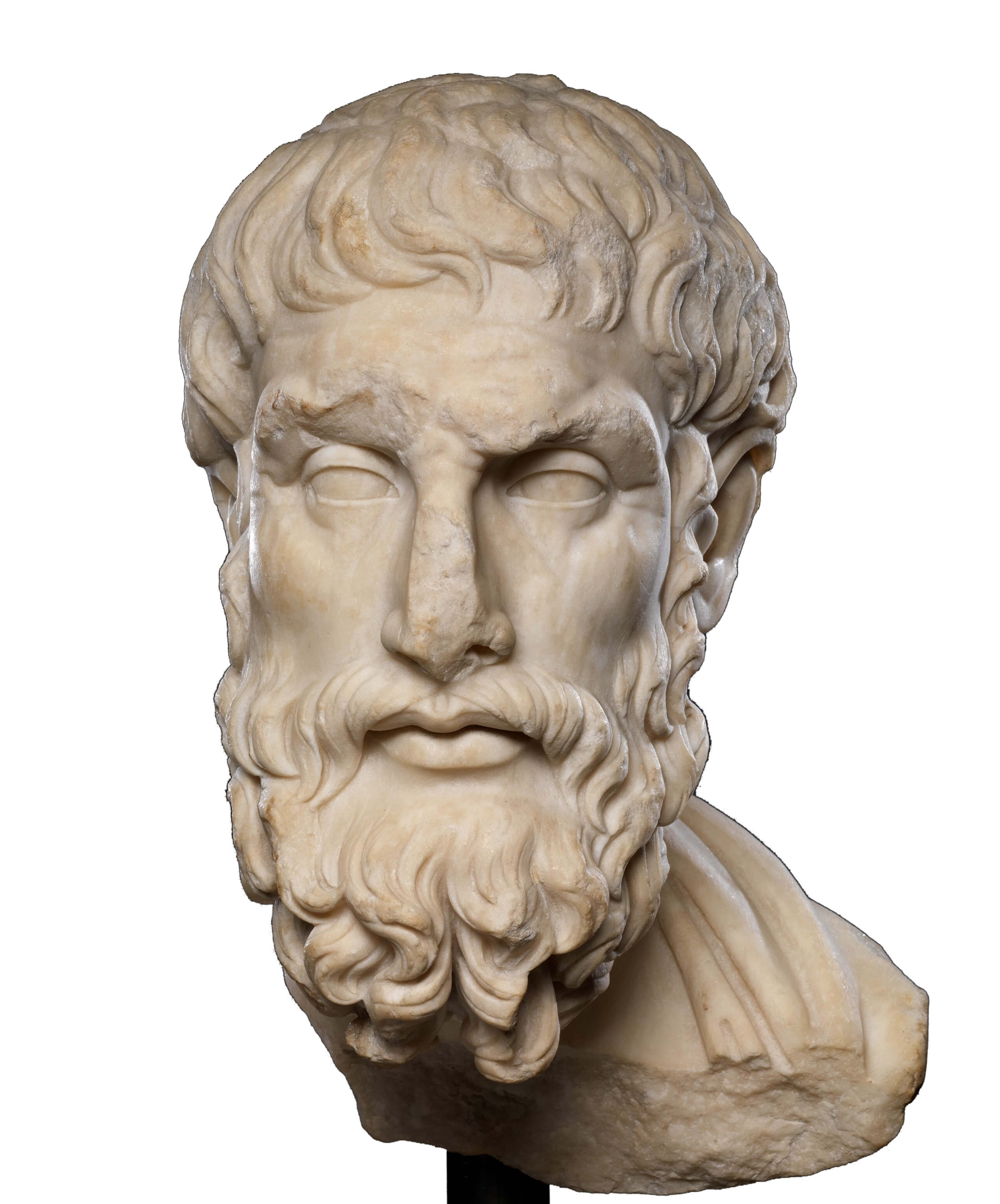 A marble portrait of a man with a long face and a beard.