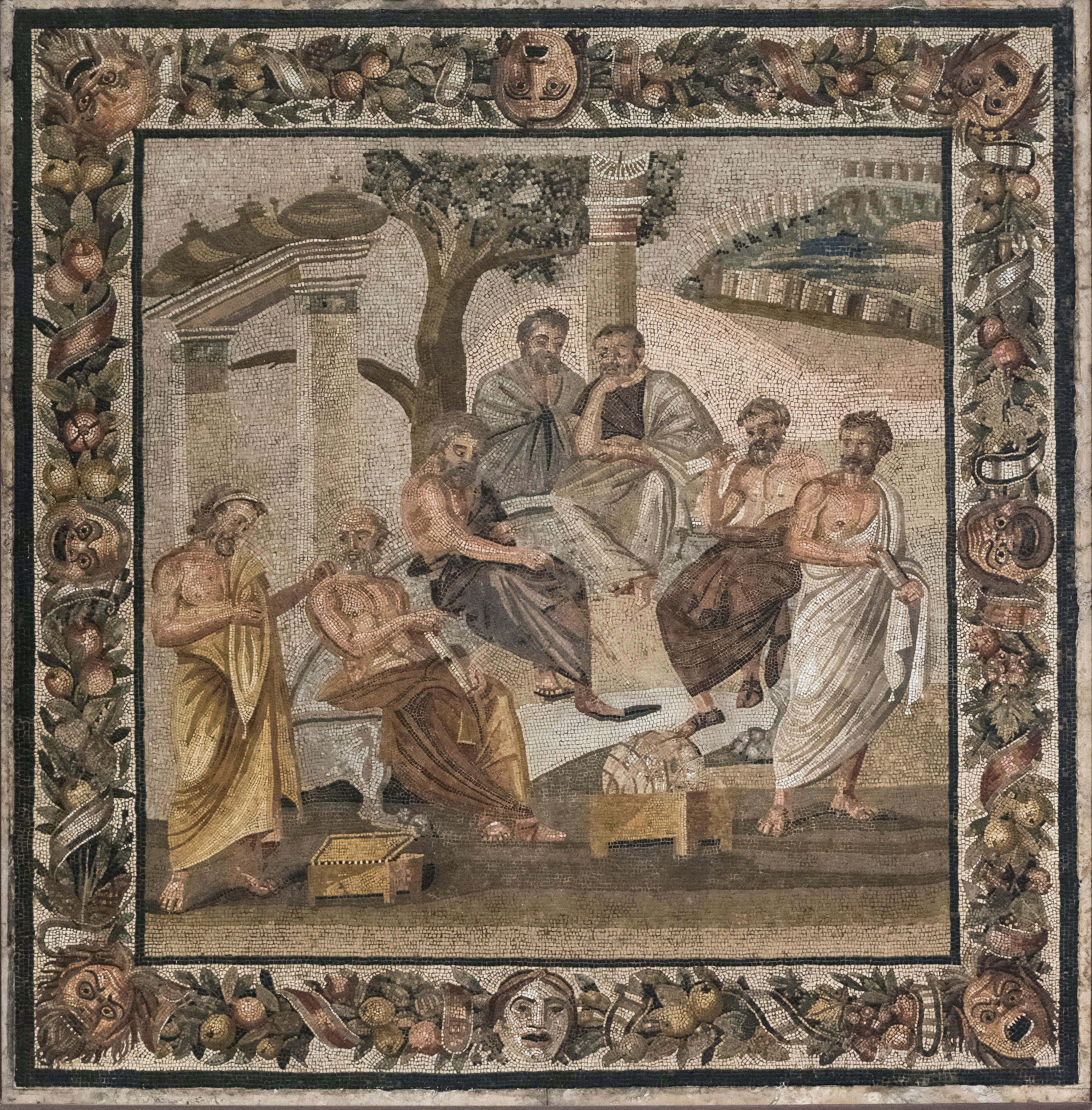 A mosaic showing men sitting around under a tree. They all have beards and look thoughful.