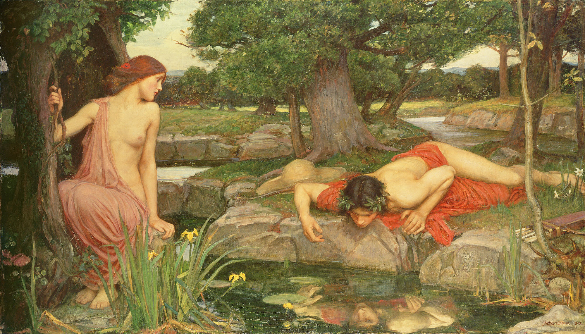 A painting showing a woman in a flowing dress sitting on the left watching a man at the edge of a pond. He is lying on his fron and looking at his reflection in the pond. On the edge of the pond small yellow flowers are growing.