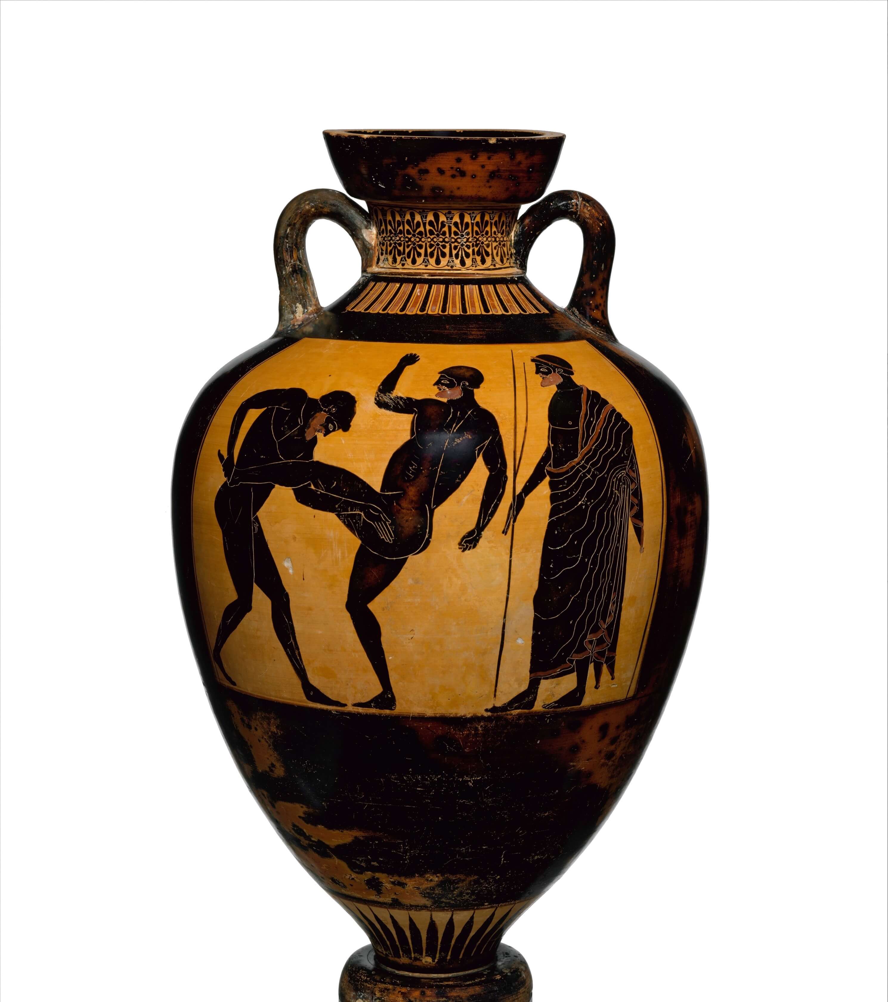 A Greek red vase with black figures showing two men wrestling a man on the right standing as judge.