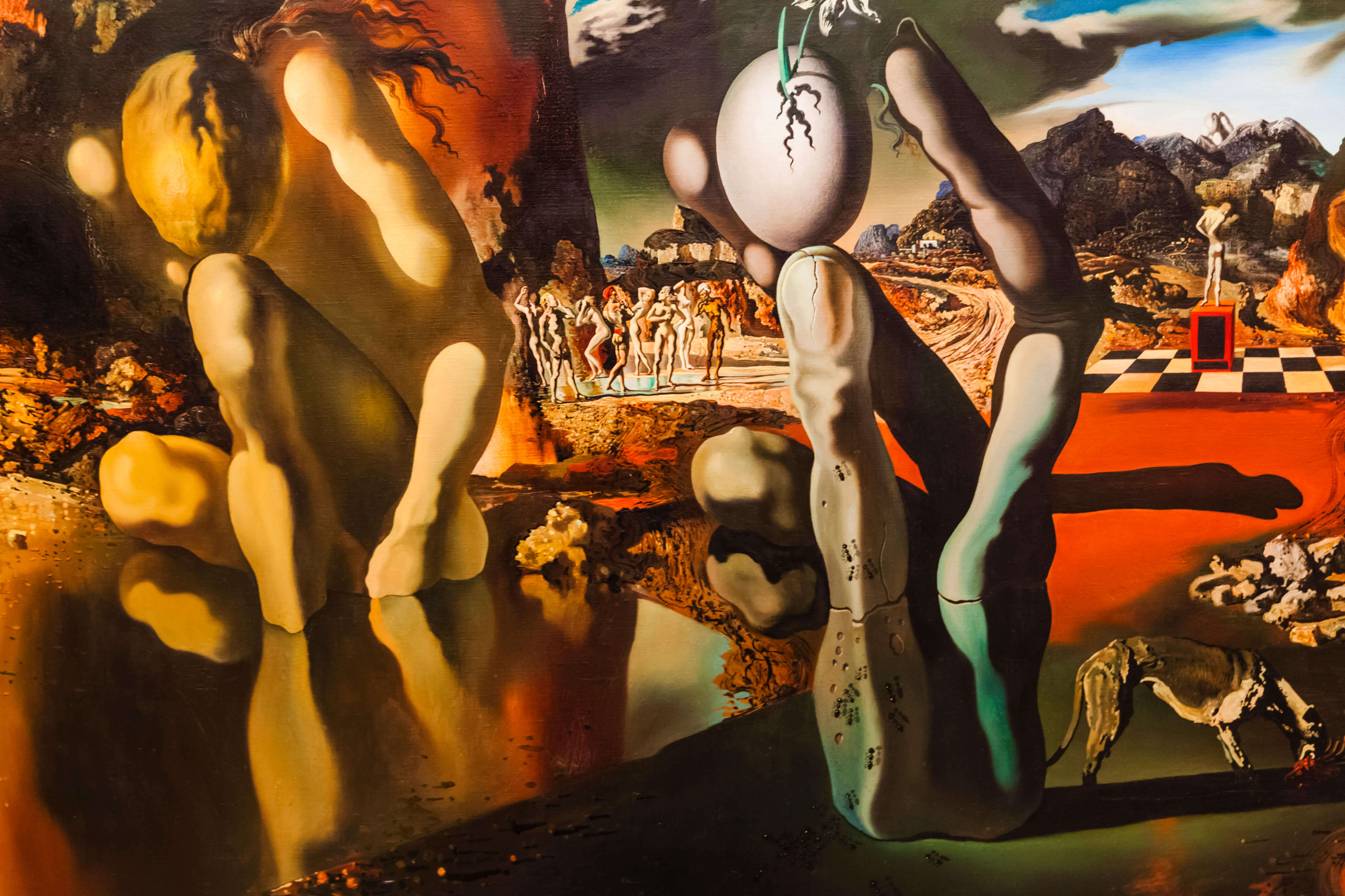 An abstract painting with the form of a man bent over coming out of a still lake. In the forefront a hand reaches up and holds between its fingers an egg which is cracked and from the crack protrudes a flower.