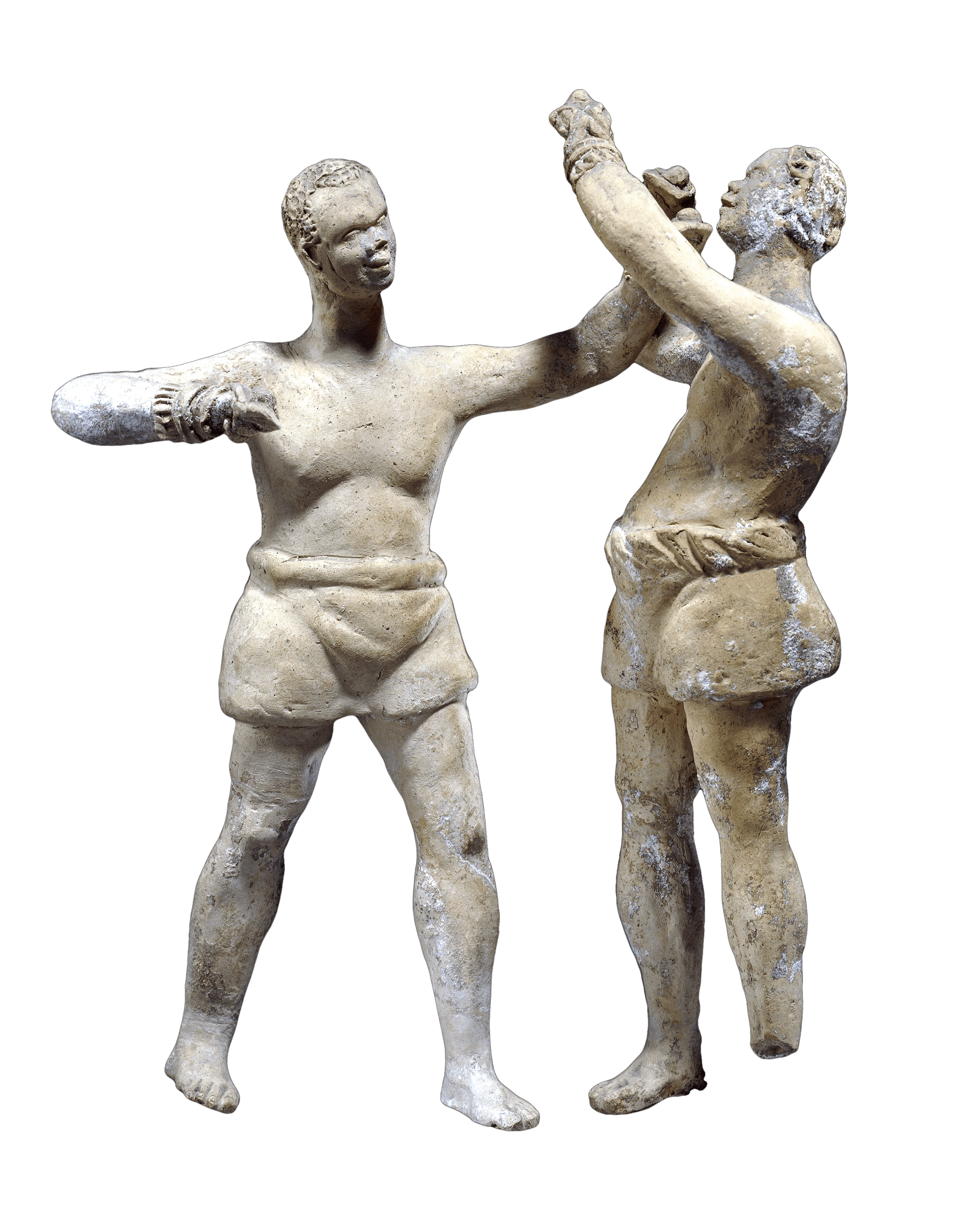Two terracotta figures in the middle of a fight. The man on the left is throwing a punch to the face of the other man who holds up his hands to protect himself. Both men are wearing loincloths.