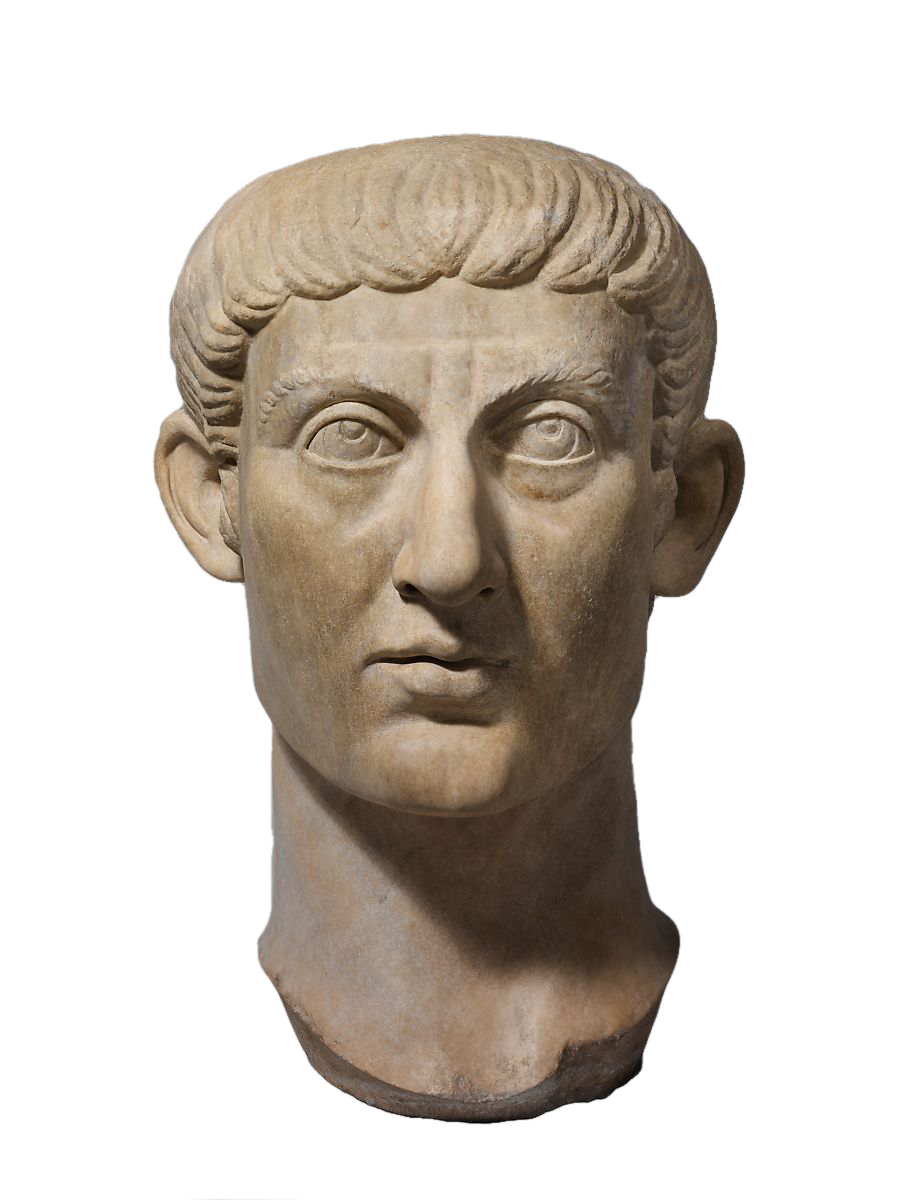 A stylized stone portrait of a man with wide eyes and curls on hair on his forehead.