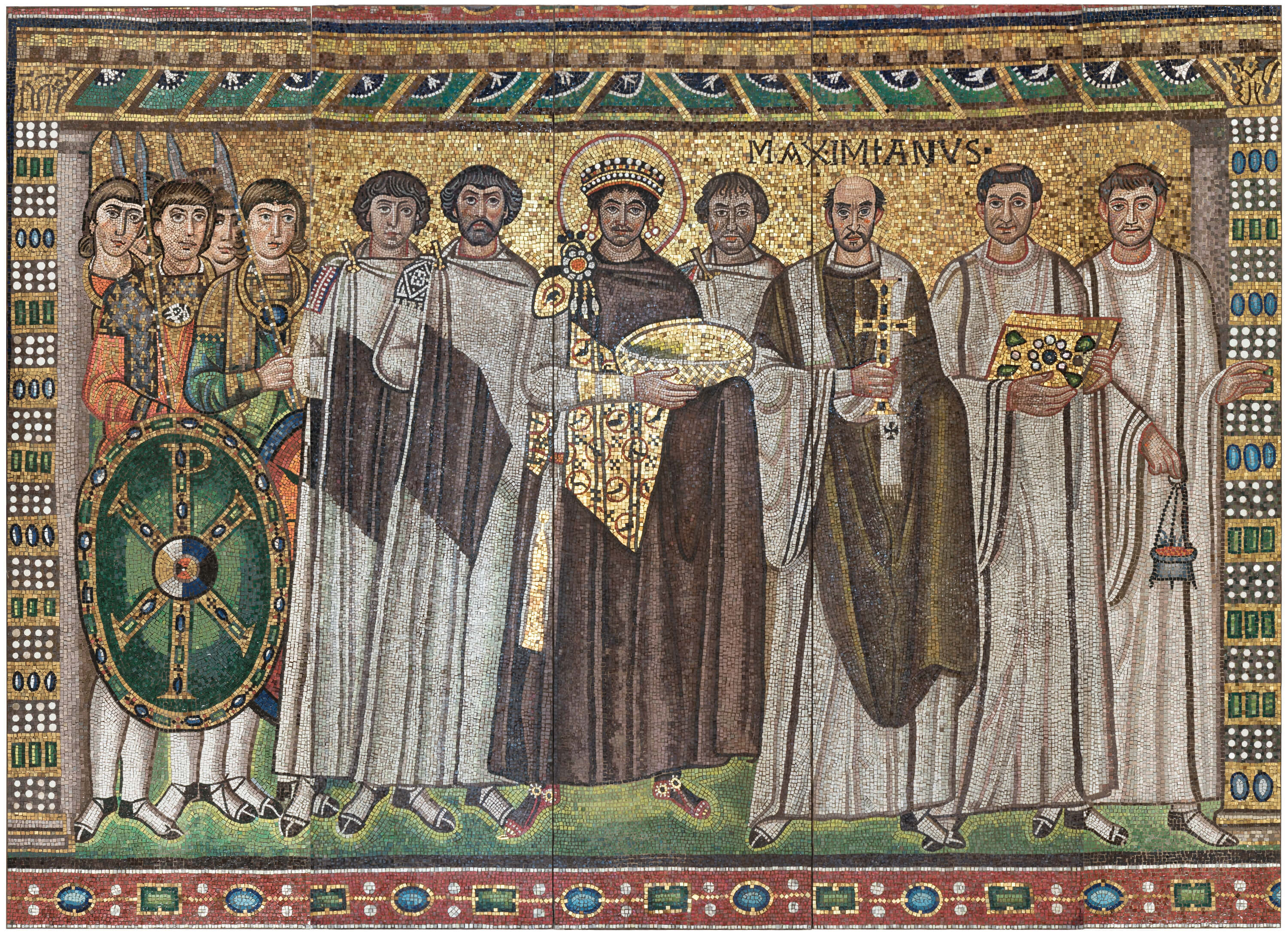 An intricate mosaic which shows ten men standing facing forward. Three on the left are in full armour withe spears and a shield and the other men are wearing long white robes. The background is made of gold.