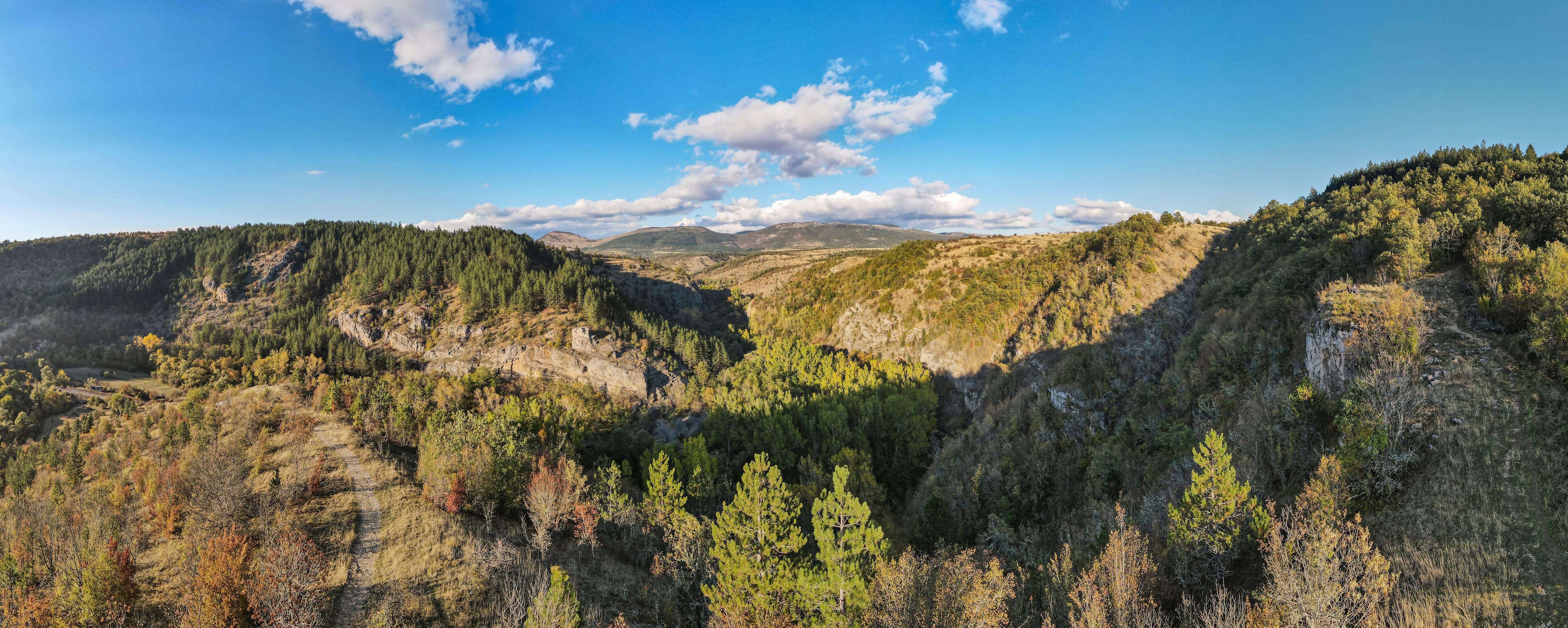 A panoramic photograph of a wooded mountains with a bright blue sky.