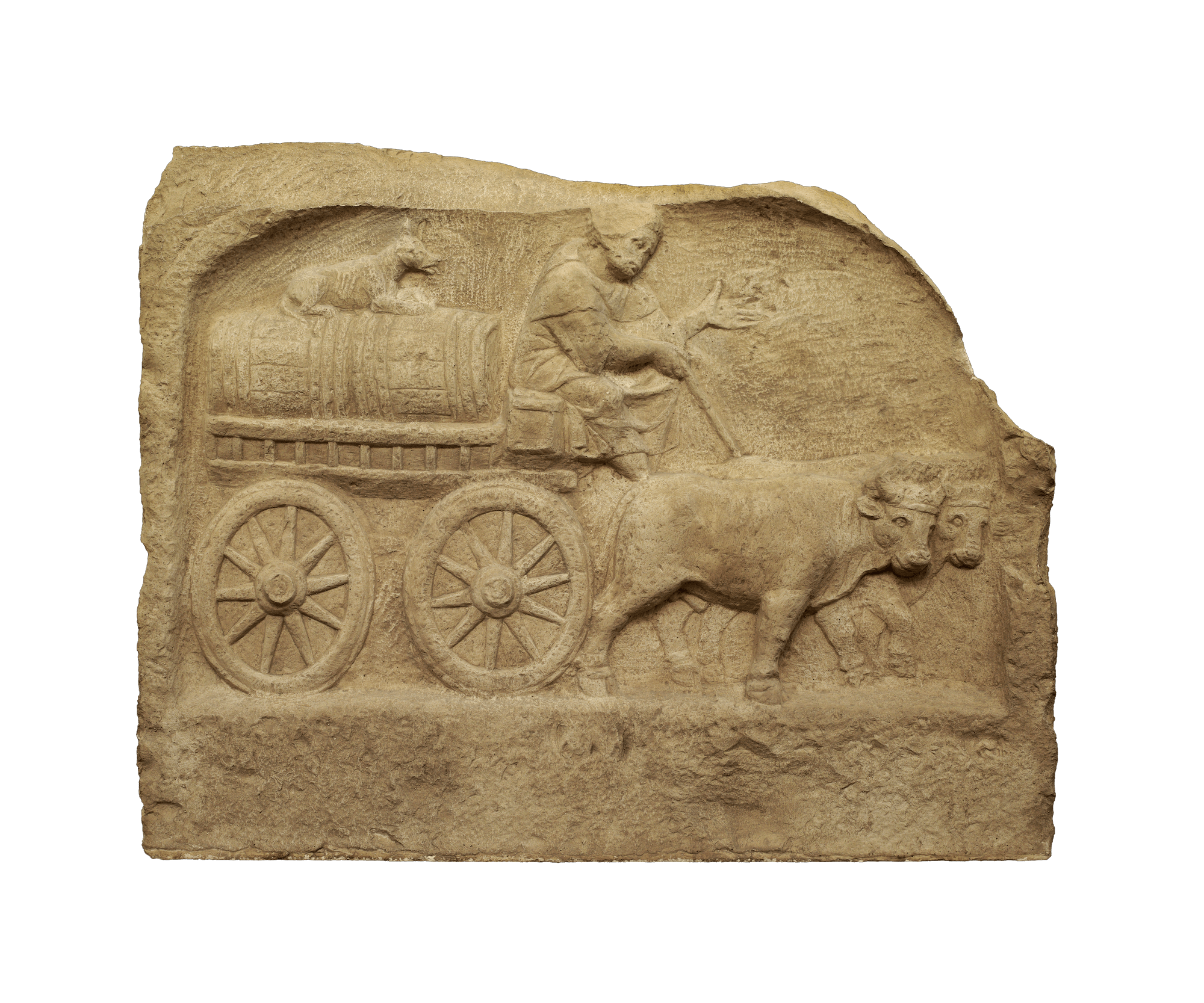 A stone relief showing a cart drawn by two oxen. A man sits at the front driving them on. Behind him barrels are loaded into the cart and on top of them sits a dog.