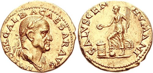 Two sides of a gold coin. One side shows the side profile of a balding man with a wreath of leaves on his head. The other side shows a woman wearing a long dress with her foot resting on a small globe and holding an object over an altar with her hand.