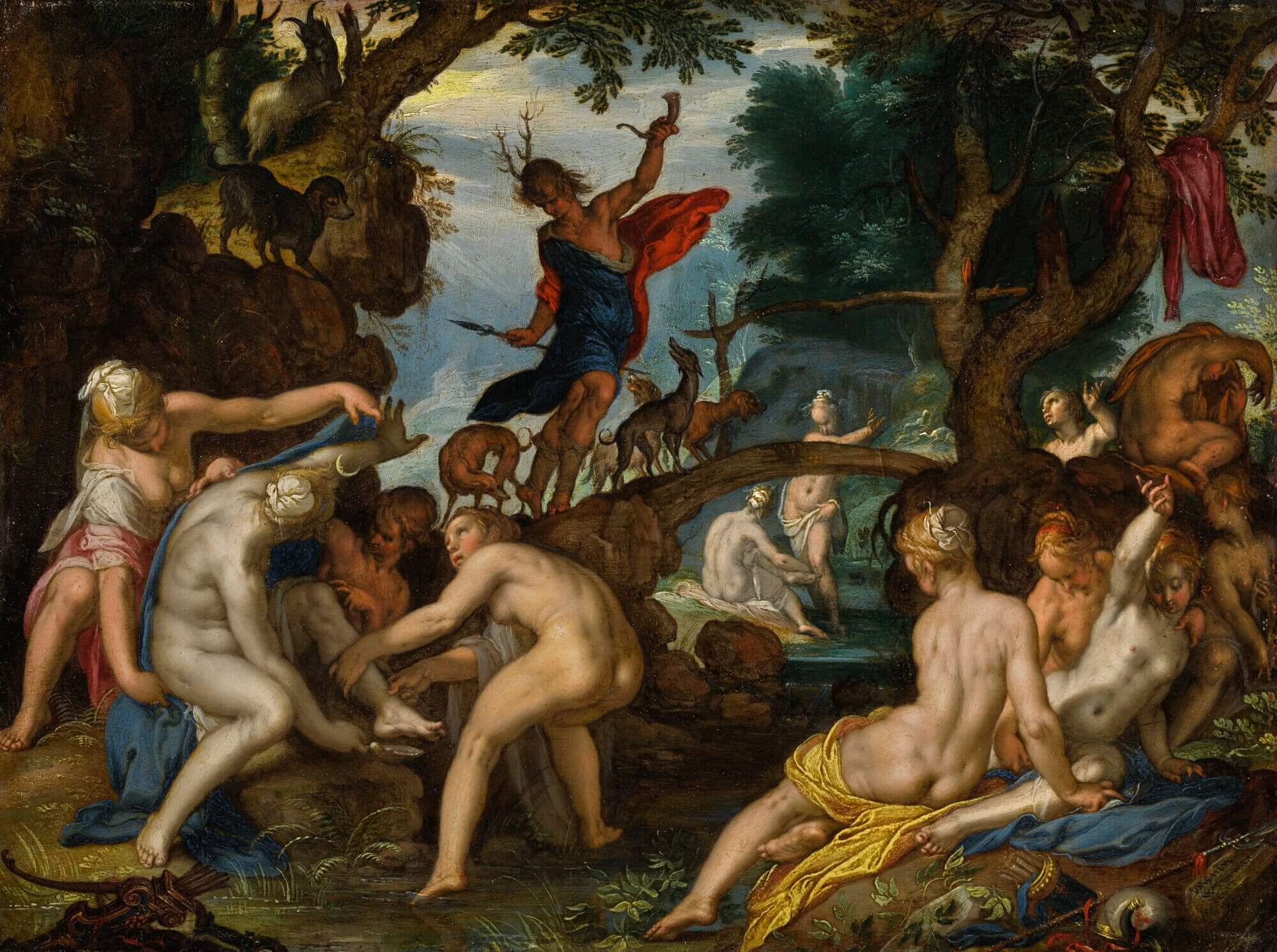 A painting showing a group of women around a pool in various states of undress. They are hurrying to cover their bodies with coloured sheets. In the centre of the painting a young man in a blue tunic and red cloak appears over the branch of a tree with a hunting horn held high in his left hand. From his head protude the antlers of a stag. Around his feet are many dogs.