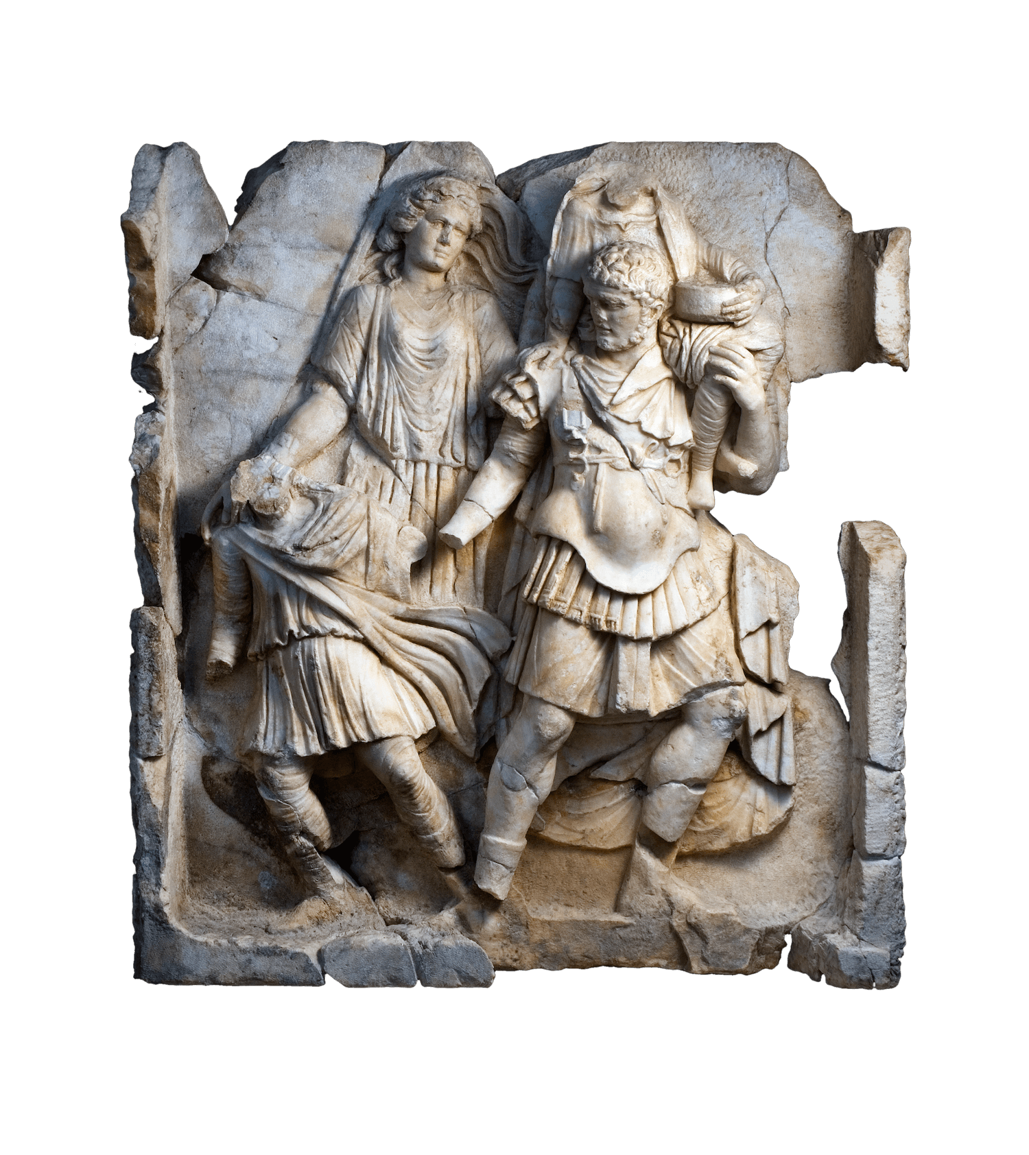 A stone relief showing a man in full armour carrying a man on his shoulders. He is reaching out with his right hand to a young boy beside him and a woman stands behind the group. The relief is damaged around the edges and some figures have lost their faces.