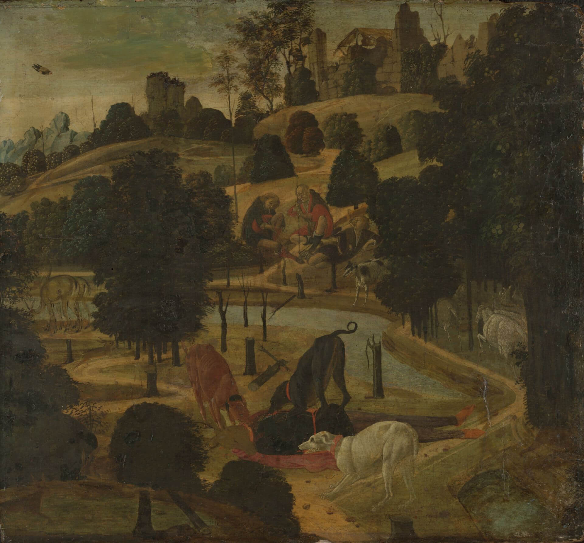 A painting showing a landscapewith trees and a stream. In the foreground a man with the head of a stag lies on the floor. Around him are three dogs which are attacking the fallen man. The colours are dark and subdued.