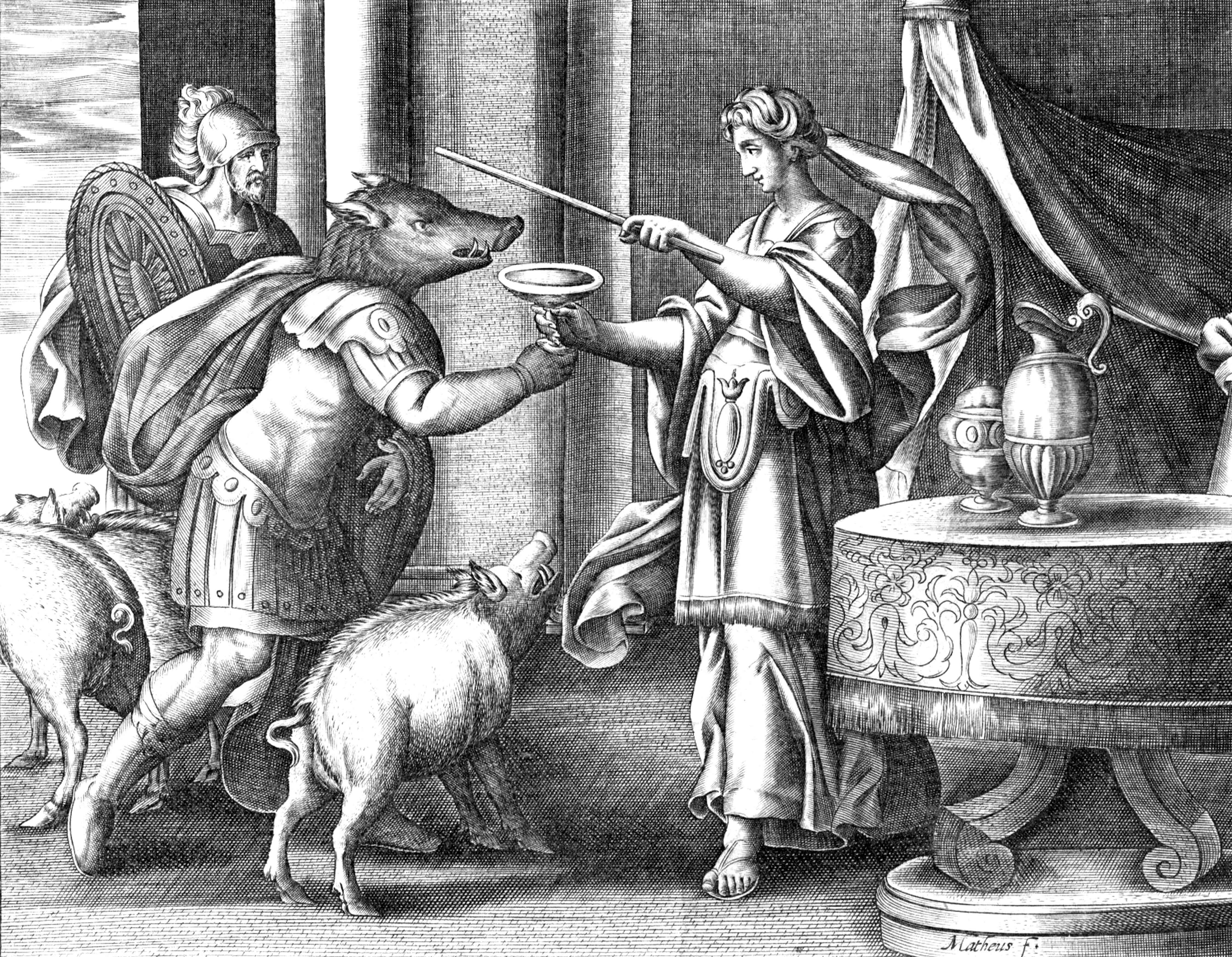 A black and white line etching showing a woman on the right holding out a cup in her right hand and holding a wand in her left hand. She is passing the cup to a man who has the head of a wild pig and below other pigs are on all fours. Behind them all a man in armour with a helmet and holding a shield looks on.