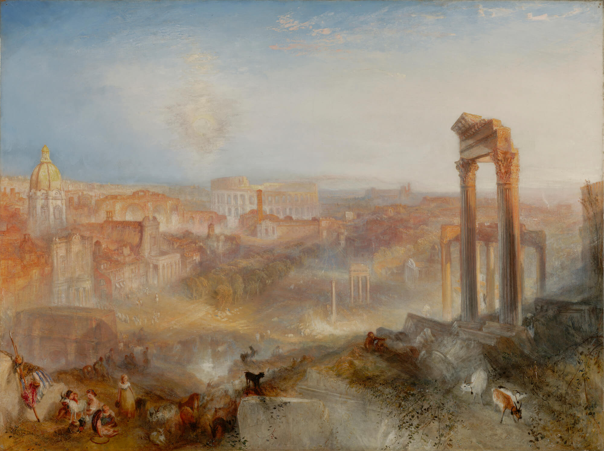An impressionistic oil painting from a high viewpoint looking over the ruins of ancient Rome. In the distance it is possible to see the iconic Colosseum as well as various other partly surviving structures. In the foreground are some pillars and some goats grazing around.