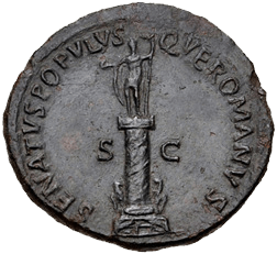 A dark grey coin with the imprint of a statue of a man standing on the top of a tall column with a twisted line going around it.