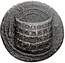 A coin showing the Colosseum with layers of arches around a central ring.