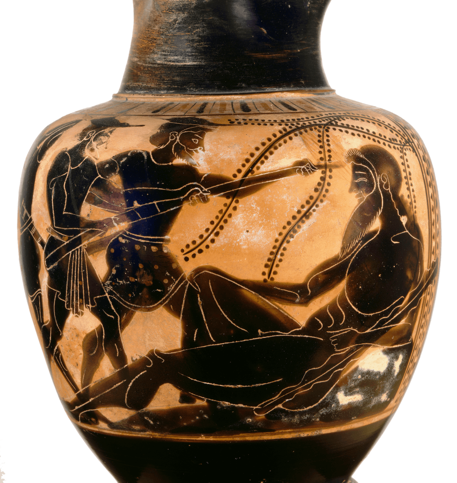 A Greek vase with a red background and stylized figures picked out in black. On the right there is one big man reclining, holding a stick loosely in his left arm. On the left a group of men approach carrying between the a long, sharp stake which they are holding up and aiming and the head of the recling man.