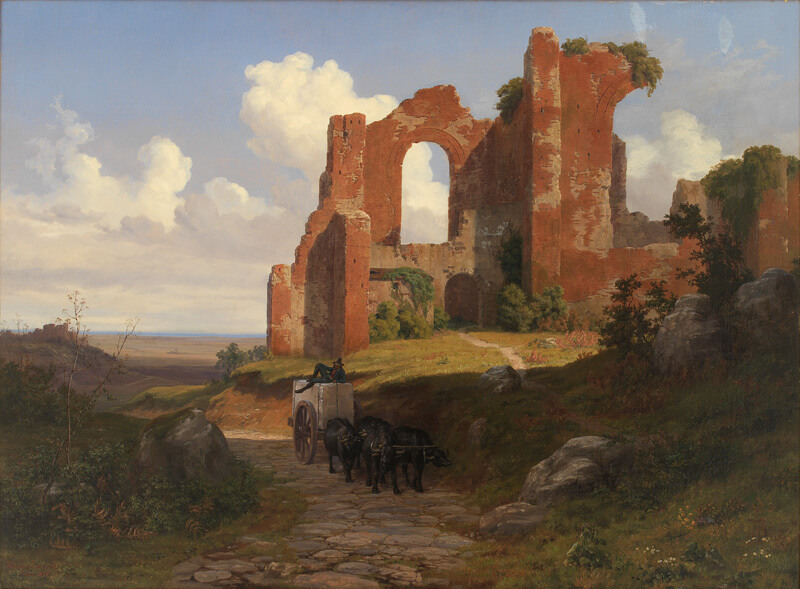 A painting of the remains of the Baths of Caracalla. A few walls of red brick remain with arched windows. Beside an ox-drawn cart passes along the road. Around is empty countryside.