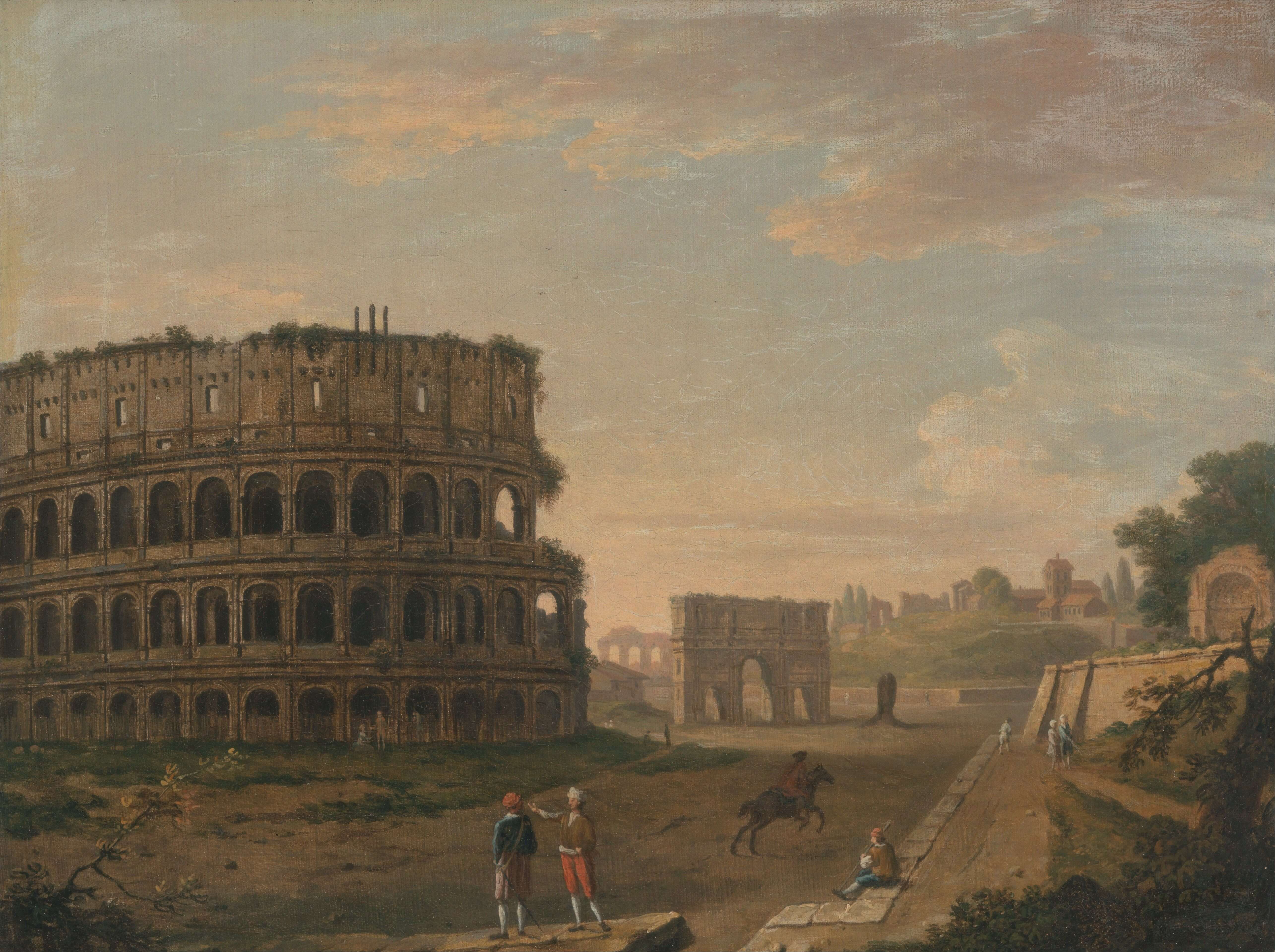 A painting of the Colosseum. It is only half remaining and around is countryside.