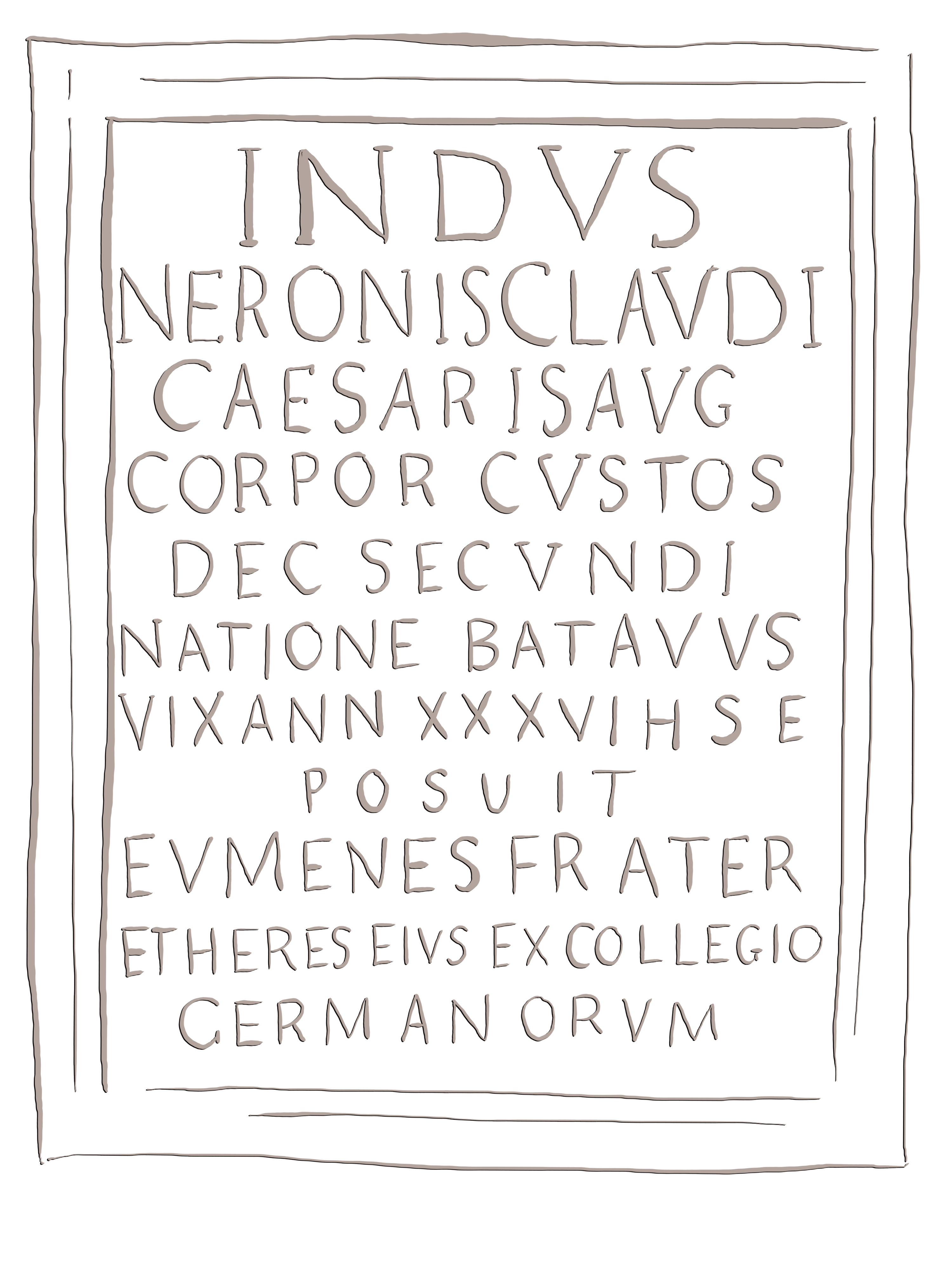 A drawing of a Roman inscription. It is rectangular in shape with a border and the text in the centre is written in capital letters spaced equally.