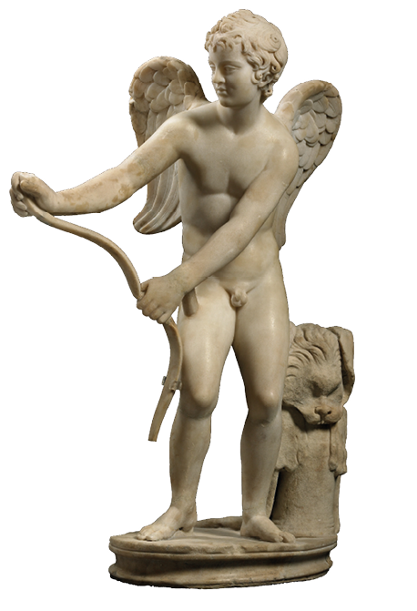 A marble statue of a nude boy with wings. He is holding a bow between his hads and bending it.