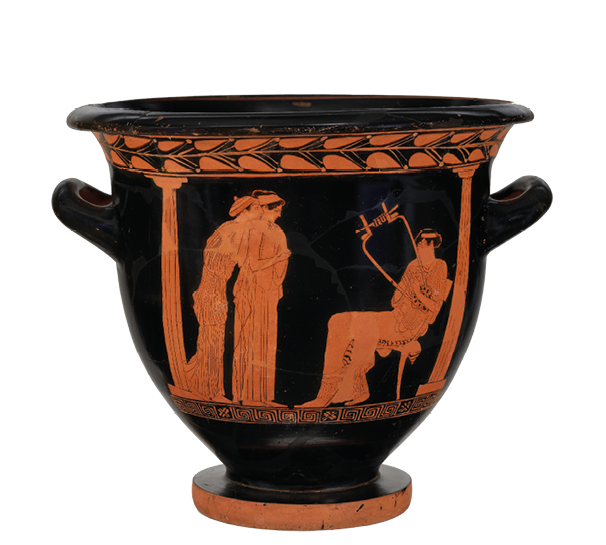 A high-sided bowl, colored black with figures picked out in red. There are two woman standing on the left listening to a woman seated on the right, playing a lyre.