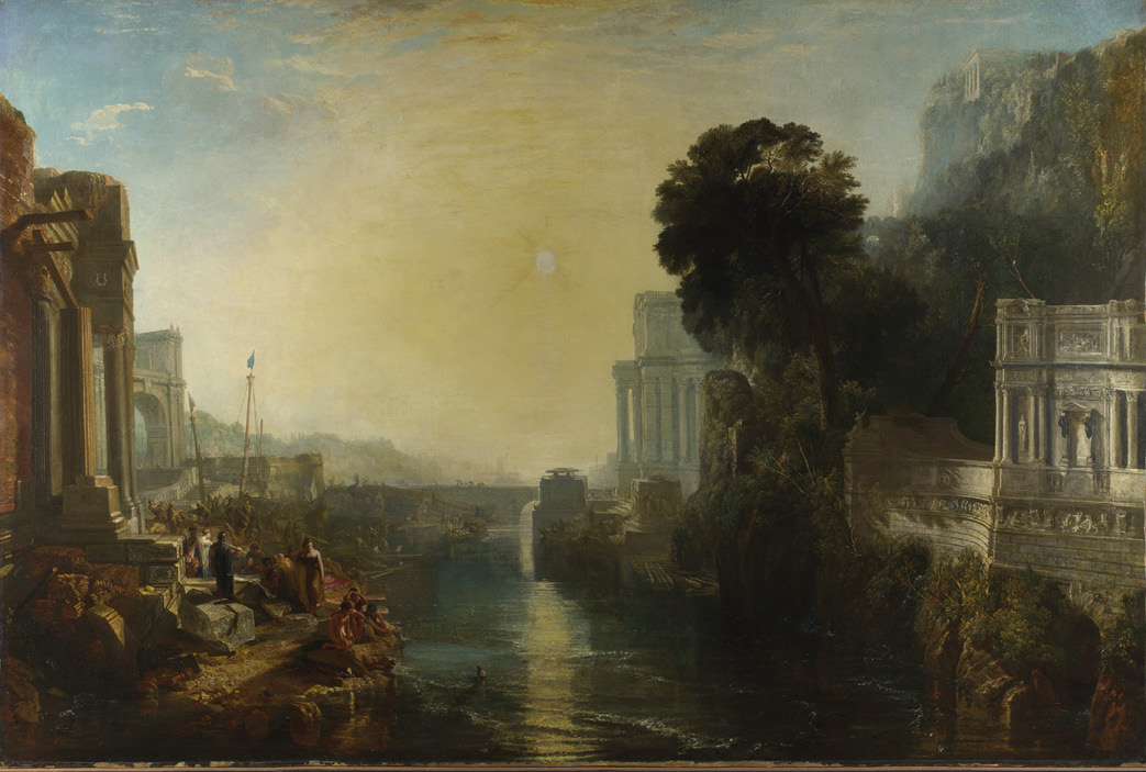 A painted scene of a sun setting over a classical city. In the center is a river with boats on. On either side are buildings with marble columns and a marble arch.