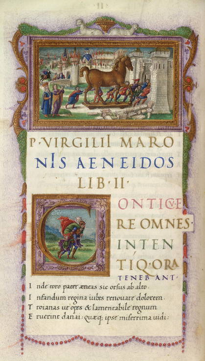 A sheet of paper with elaborate writing. An illustration at the top shows men pushing a giant horse towards city walls. Another small illustration below shows a man carrying an older man while a child follows.